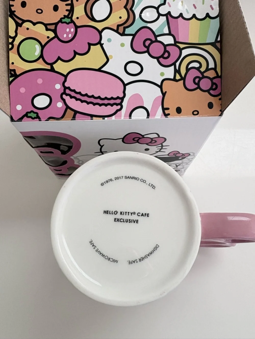 NIB Hello Kitty Cafe White Mug Pink Handle Gray Graphics Logo Box Artwork 12 oz